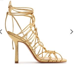 Schutz Womens Heyde Sandal Heel Gold Metallic Leather Ultra High Square Toe 7